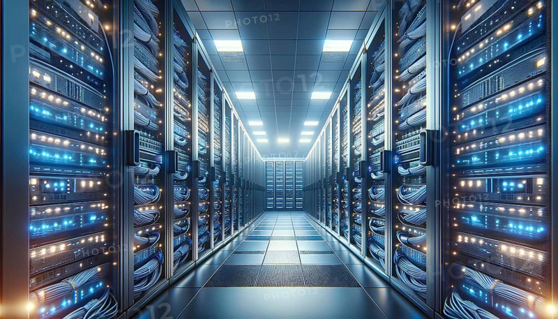 A large room with many computer servers. The room is lit up with blue lights. The servers are connected to each other and to the computers. The room is very large and has a lot of space, AI generated