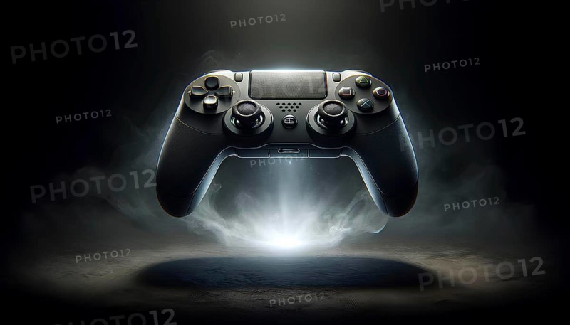 A black Playstation controller is suspended in midair. The controller is surrounded by a dark background and a bright light. Concept of excitement and anticipation for the next gaming session, AI generated