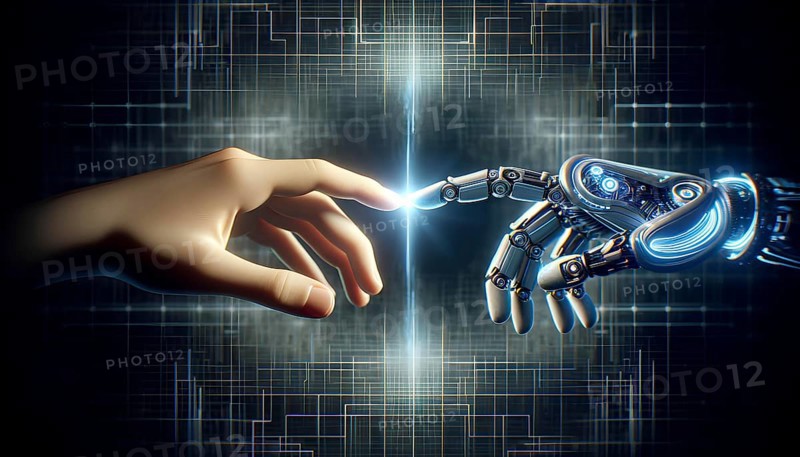A robot hand is touching a human hand. Concept of human-robot interaction and the potential for technology to bring people together. Scene is one of curiosity and wonder, AI generated