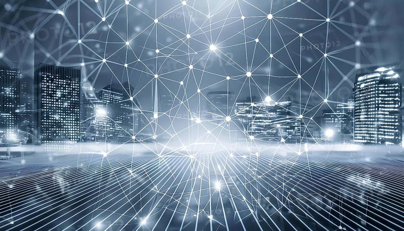 A cityscape with a network of lines connecting the buildings. Concept of connectivity and interdependence between the various elements of the city, AI generated