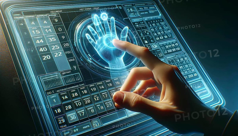 A person's hand engaging with a sophisticated holographic handprint scanner on a futuristic digital interface, AI generated