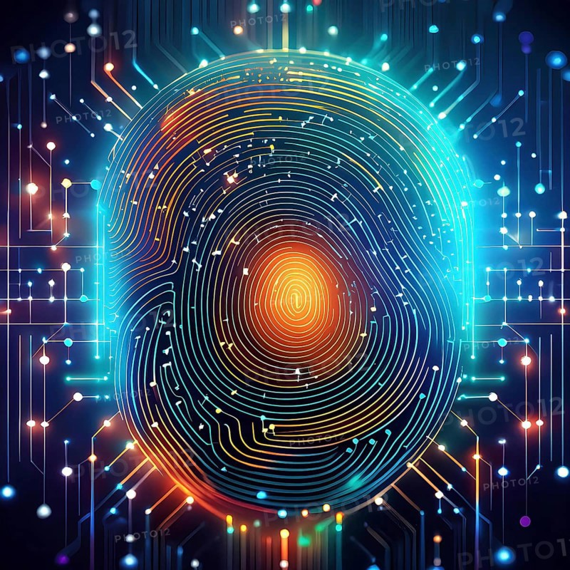 A colorful image of a fingerprint with a blue background. The image is abstract and has a futuristic feel to it, AI generated