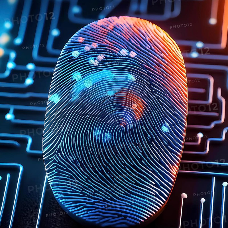 A finger print is shown on a circuit board. The finger print is in the center of the image and is surrounded by a blue and orange background. Concept of technology and modernity, AI generated
