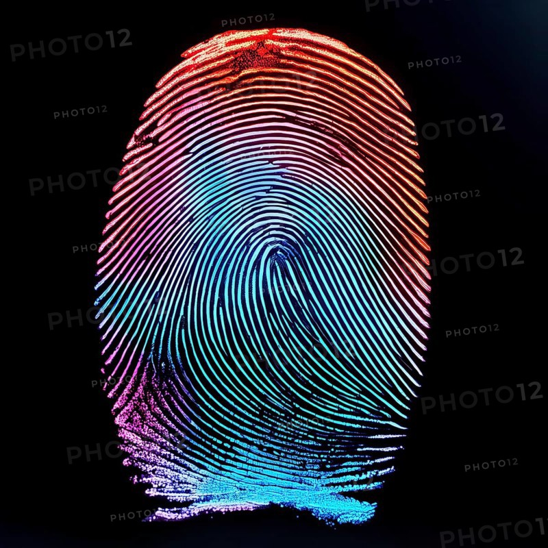 A colorful fingerprint with a blue stripe in the middle. The image is abstract and has a futuristic feel to it, AI generated