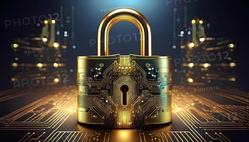A high-tech golden padlock with intricate electronic circuits, symbolizing advanced cybersecurity measures and data protection in the digital age. The image conveys the concept of secure digital environments and fraud prevention technology, AI generated