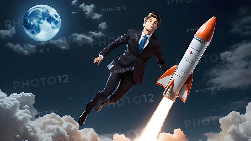 Launch project. Business concept. Man and flying rocket as business concept. AI generated image, ai