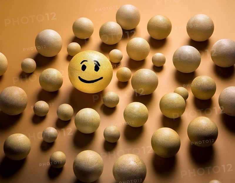 Wooden balls feature faces, one smiling among sad expressions, representing positivity or individuality, AI generated