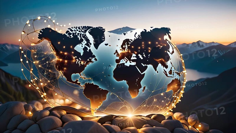Continent world map. Outline World Map Background. Global network connection, AI generated