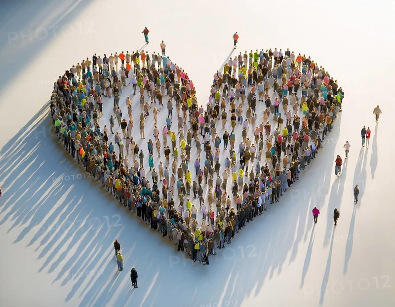 A diverse crowd of people standing together to form a heart shape, symbolizing community, connection, and love on a white background with long shadows cast. A unique representation of unity and compassion, AI generated