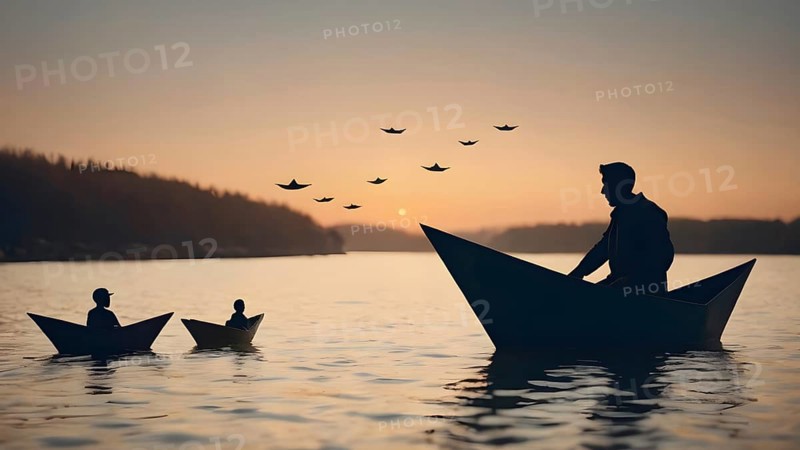 Man is sailing on paper boat in water, AI generated