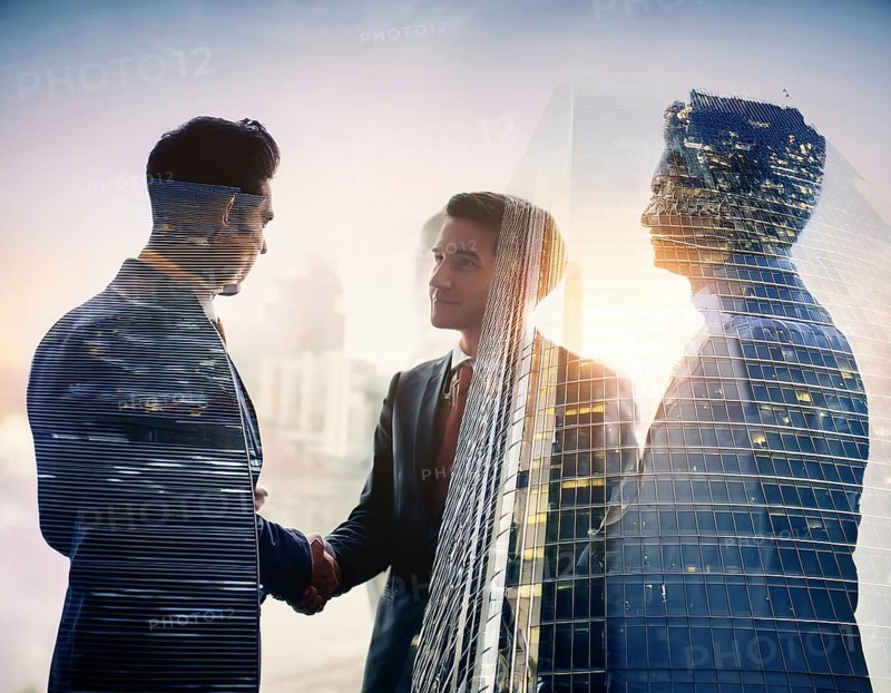 Double exposure image of business people with a modern city. Concept of teamwork, AI generated