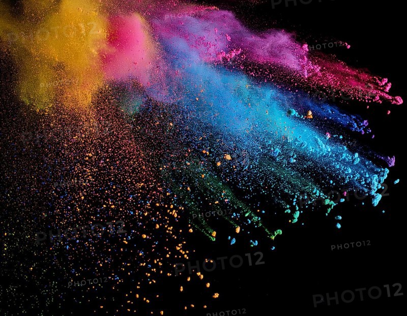 A colorful explosion powder on black background.. Multicolored powder explosion, AI generated