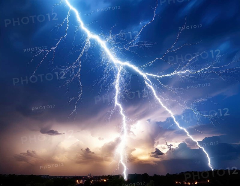 Strike of lightning in the night sky, AI generated