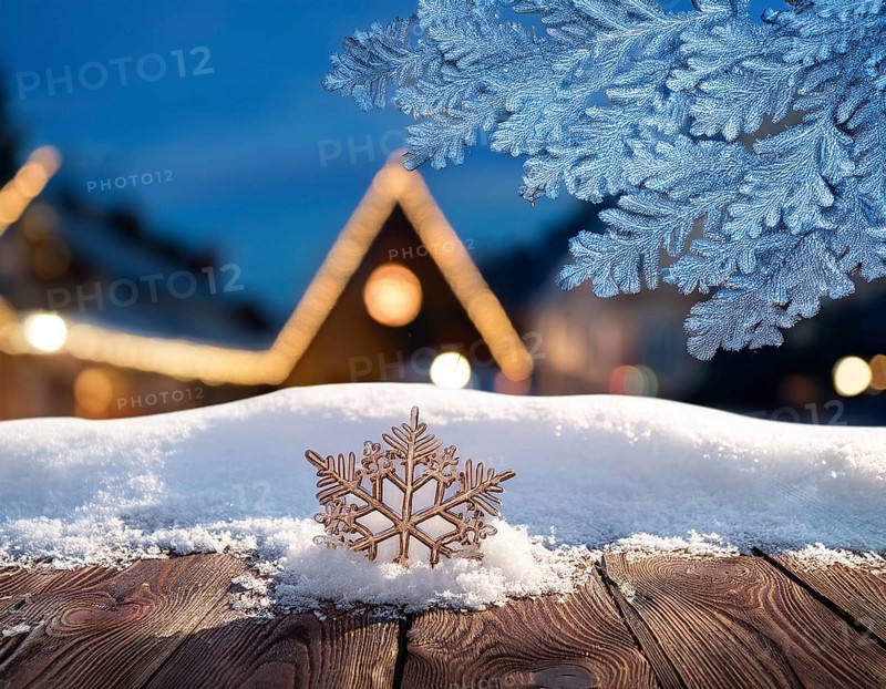 Vintage wooden table in front of a blurry winter holiday background, AI generated