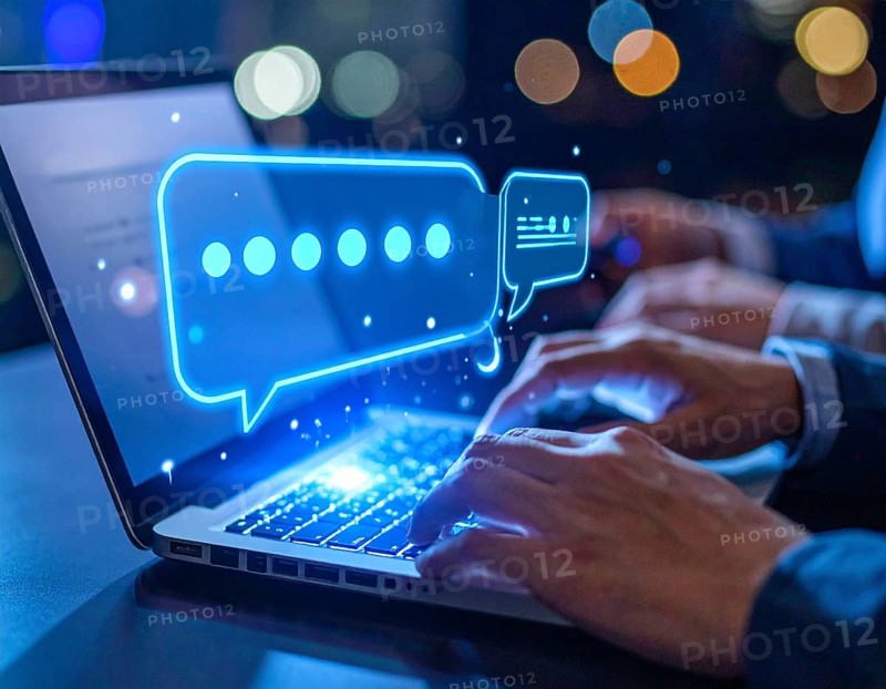 Futuristic AI chatbot hologram symbolizing digital communication, smart assistance, and innovative technology, AI generated