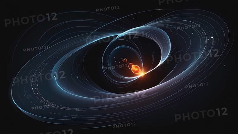 Science element concept Quantum Mechanics, formula, curvature of spacetime in a gravitational field, black hole, AI generated