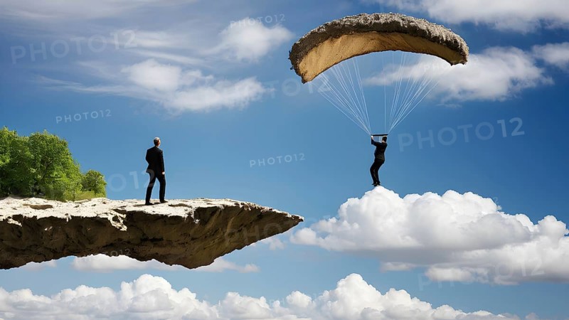 Concept of business, risk taking, safety, challenge, concentration. Surreal adventure, epic scene decision to reach a goal, AI generated