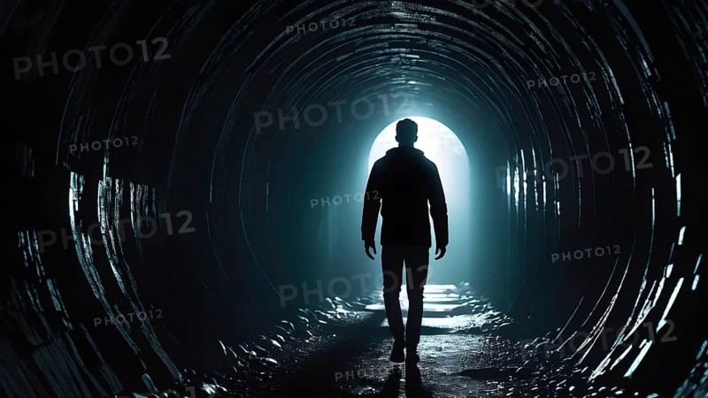 Silhouette of a man on the edge of the wood tunnel looking down. Silhouette in a subway tunnel. Light at End of Tunnel. AI generated image, stone, success, tunnel, underground, vision, walk, wall, way, white. AI generated image