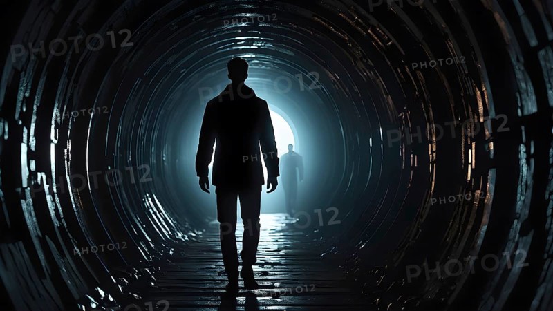 Silhouette of a man on the edge of the wood tunnel looking down. Silhouette in a subway tunnel. Light at End of Tunnel. AI generated image, stone, success, tunnel, underground, vision, walk, wall, way, white. AI generated image