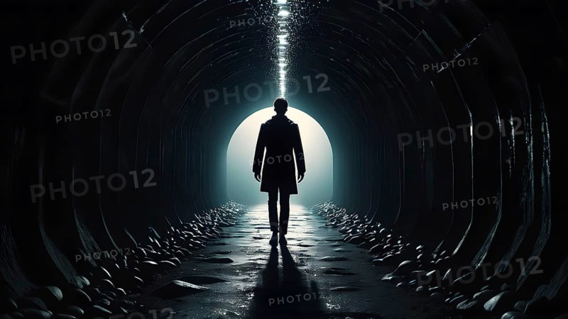 Silhouette of a man on the edge of the wood tunnel looking down. Silhouette in a subway tunnel. Light at End of Tunnel. AI generated image, stone, success, tunnel, underground, vision, walk, wall, way, white. AI generated image