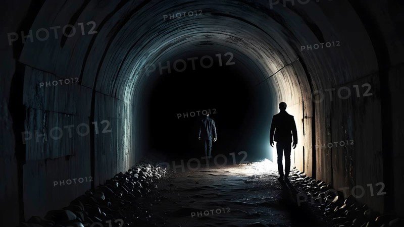 Silhouette of a man on the edge of the wood tunnel looking down. Silhouette in a subway tunnel. Light at End of Tunnel. AI generated image, stone, success, tunnel, underground, vision, walk, wall, way, white. AI generated image