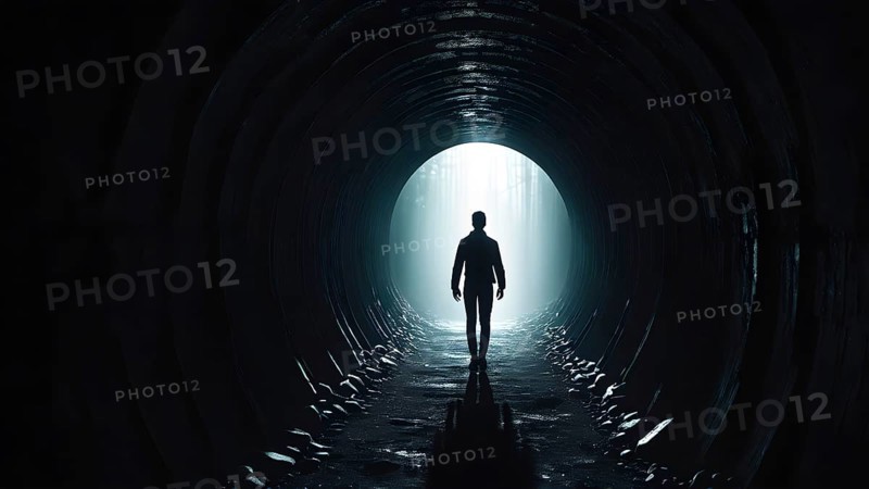 Silhouette of a man on the edge of the wood tunnel looking down. Silhouette in a subway tunnel. Light at End of Tunnel. AI generated image, stone, success, tunnel, underground, vision, walk, wall, way, white. AI generated image