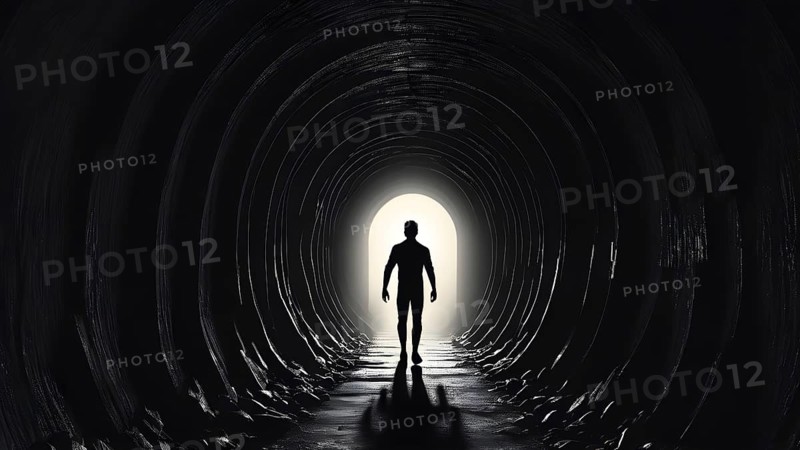 Silhouette of a man on the edge of the wood tunnel looking down. Silhouette in a subway tunnel. Light at End of Tunnel. AI generated image, stone, success, tunnel, underground, vision, walk, wall, way, white. AI generated image