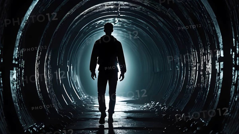 Silhouette of a man on the edge of the wood tunnel looking down. Silhouette in a subway tunnel. Light at End of Tunnel. AI generated image, stone, success, tunnel, underground, vision, walk, wall, way, white. AI generated image
