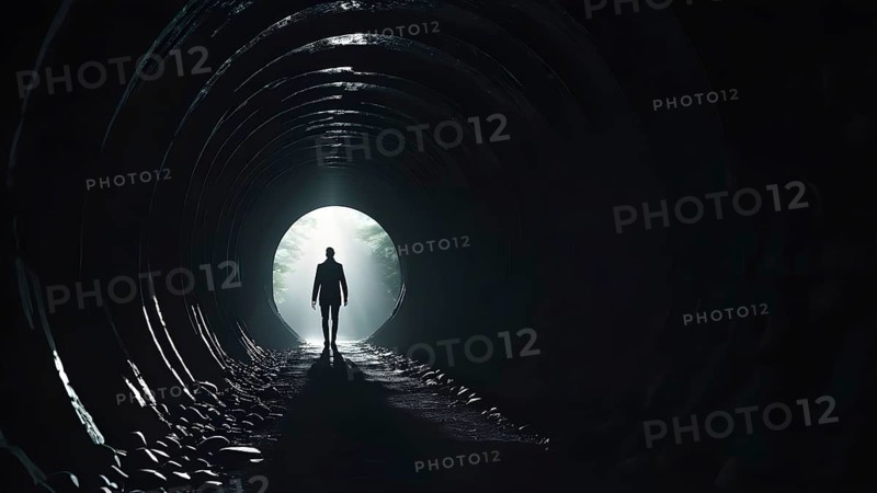 Silhouette of a man on the edge of the wood tunnel looking down. Silhouette in a subway tunnel. Light at End of Tunnel. AI generated image, stone, success, tunnel, underground, vision, walk, wall, way, white. AI generated image