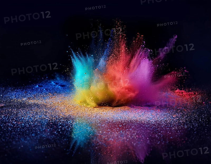 A colorful explosion powder on black background.. Multicolored powder explosion, AI generated