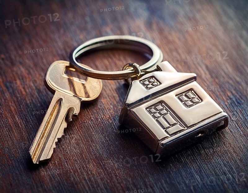 Property home and real estate insurance concept. Keychain of miniature model house. Mortgage concep, AI generated