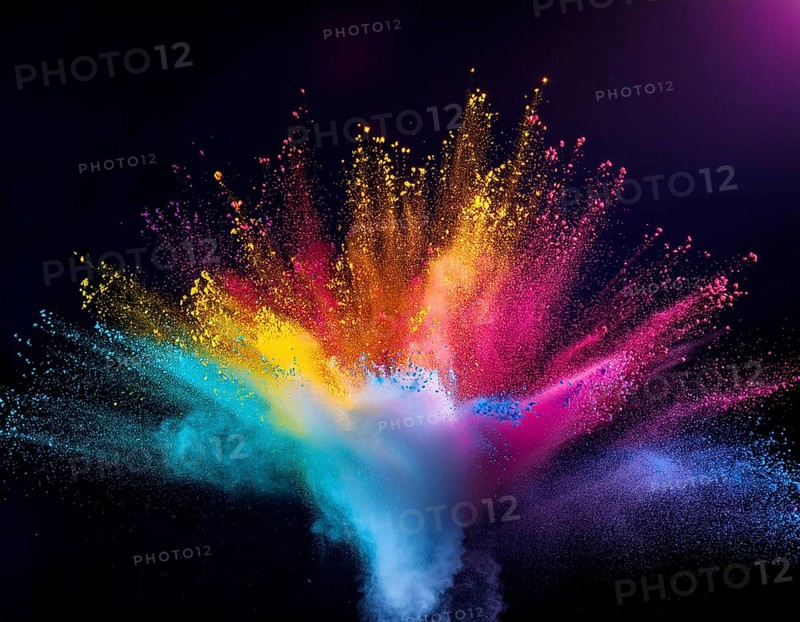 A colorful explosion powder on black background.. Multicolored powder explosion, AI generated