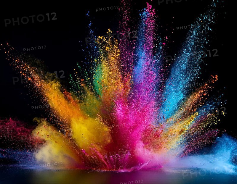 A colorful explosion powder on black background.. Multicolored powder explosion, AI generated