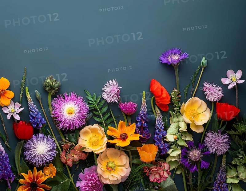 A variety of colorful wildflowers flourish on a hillside against a blurred mountainous backdrop. The flowers reflect vibrancy, serenity, and the beauty of nature in a peaceful outdoor environment, AI generated