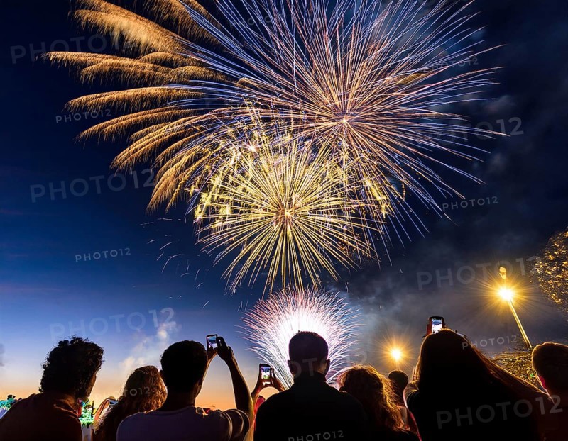 Thrilling fireworks illuminate the dark sky as a crowd gathers to enjoy the dazzling display, creating an atmosphere of festivity and wonder, AI generated