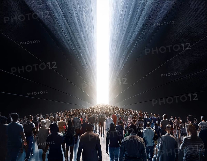 A large group of individuals moving toward a bright, glowing light in a narrowwall passage, demonstrating themes of unity, ambition, and a journey to a hopeful destination, AI generated