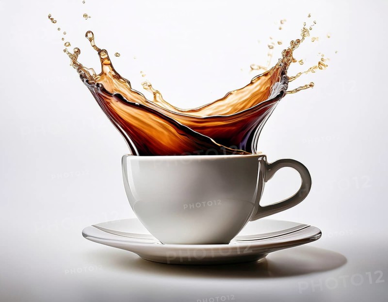 A visually dynamic splash of coffee leaping out of a sleek white cup, embodying energy and motion in a contemporary and artistic style, perfect for conceptual imagery or beverage-themed designs, AI generated