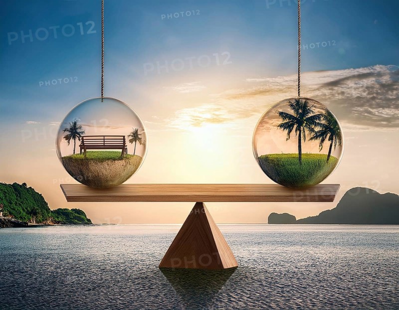 Artistic arrangement balance, illustrating equilibrium, imbalance, and relationships. The image evokes concepts of balance, contrast, and the dynamics of stability and inequality, AI generated