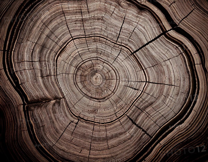 Detailed view of a tree cross-section highlighting its growth rings. Ideal for illustrating concepts of time, nature, or organic patterns, and can be used in educational or environmental projects, AI generated