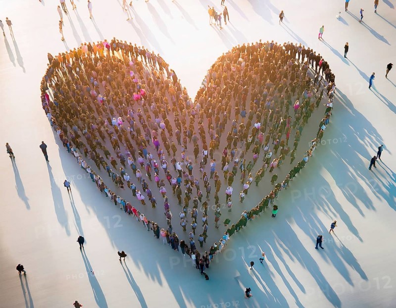 A diverse crowd of people standing together to form a heart shape, symbolizing community, connection, and love on a white background with long shadows cast. A unique representation of unity and compassion, AI generated