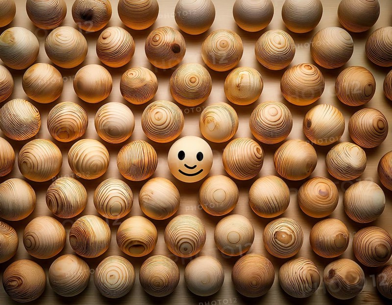 Wooden balls feature faces, one smiling among sad expressions, representing positivity or individuality, AI generated