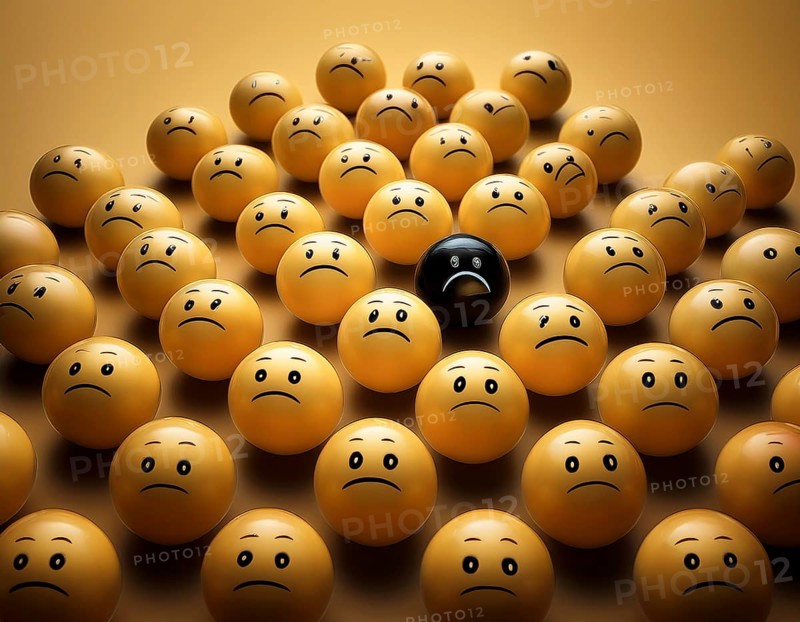 Wooden balls feature faces, one smiling among sad expressions, representing positivity or individuality, AI generated