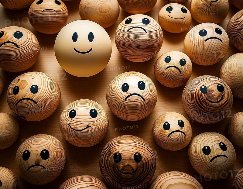 Wooden balls feature faces, one smiling among sad expressions, representing positivity or individuality, AI generated