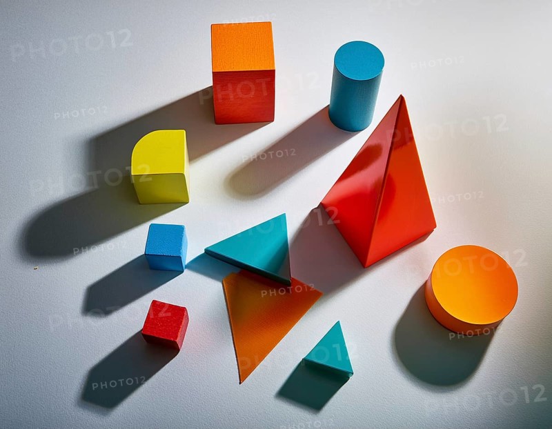 Vividly colored geometric shapes, including spheres and pyramids, artfully arranged on a surface. Captured with vibrant lighting and pronounced shadows, this image showcases diversity in form and artistic composition, AI generated