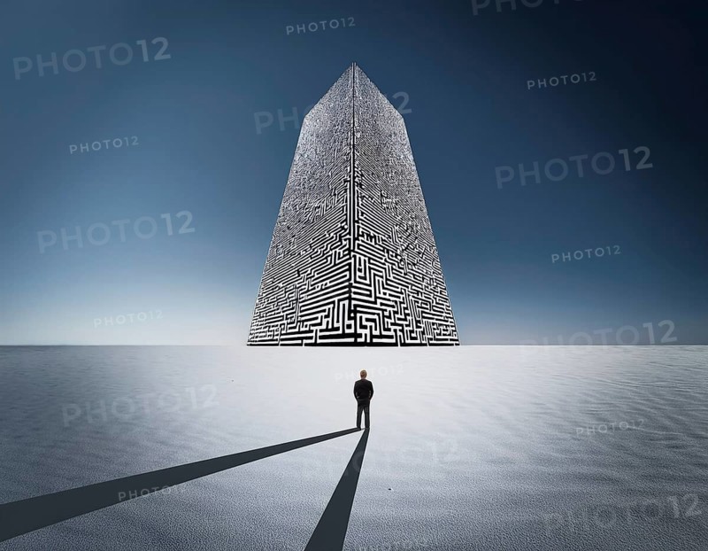 A lone individual stands at the edge of a large circular maze, contemplating choices and challenges ahead. The scene symbolizes complexity, decision-making, and introspection in a metaphorical depiction, AI generated