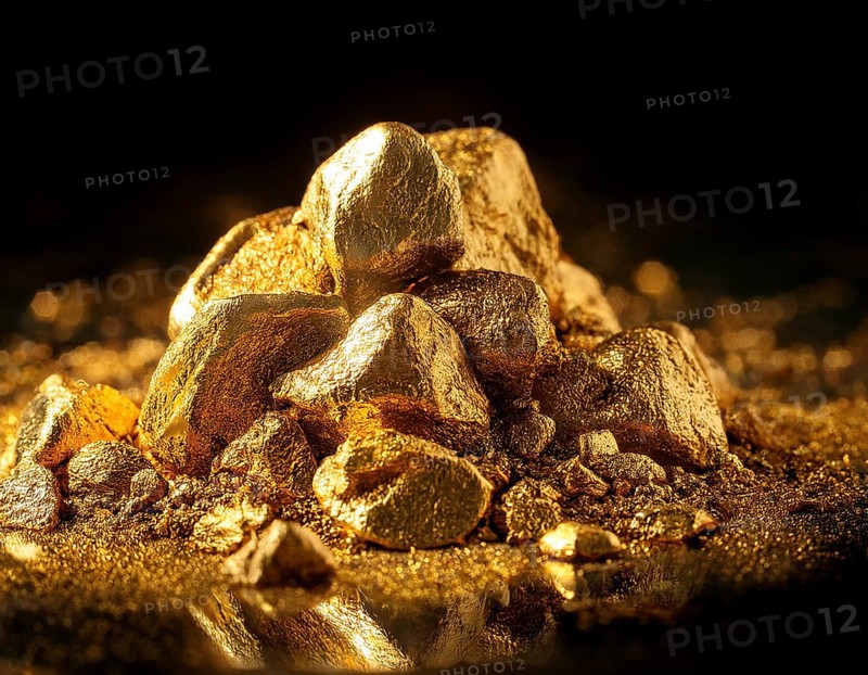 Close-up view of a pile of golden nuggets with a reflective surface, showcasing their natural brilliance and evoking themes of richness, value, and purity in a striking and elegant composition, AI generated