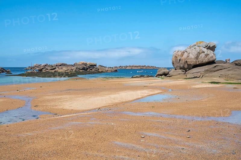 Spectacular pink granite rocks, sculpted by wind and sea, pile up on the beach of the Cote de Granit Rose, while the clear, turquoise-blue water reveals seaweed and light-coloured sand on the seabed at low tide, Tregastel, Cotes-d'Armor department, Brittany region, France