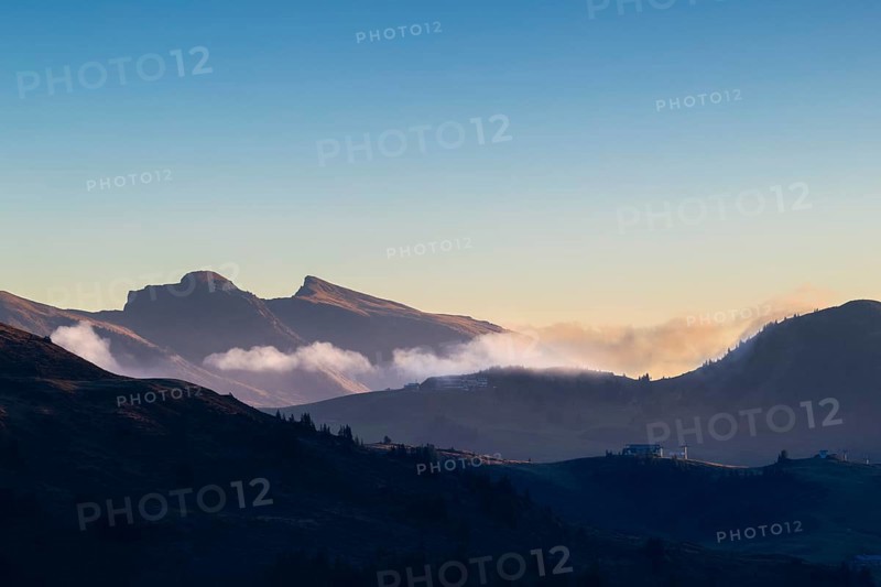 View from the Furkajoch to the Hoher Ifen, mountain peak above the sea of fog, dawn, dawn, autumn, Vorarlberg, Austria