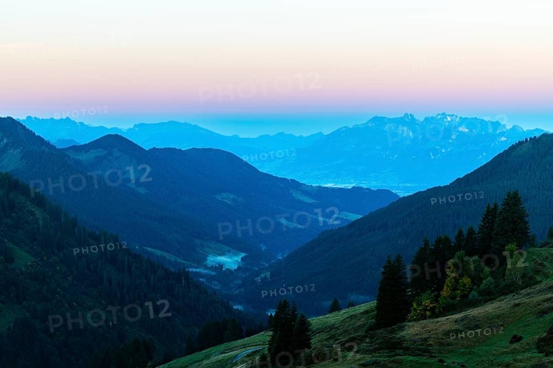 View from the Furkajoch to the Säntis, mountain range, dawn, autumn, Vorarlberg, Austria
