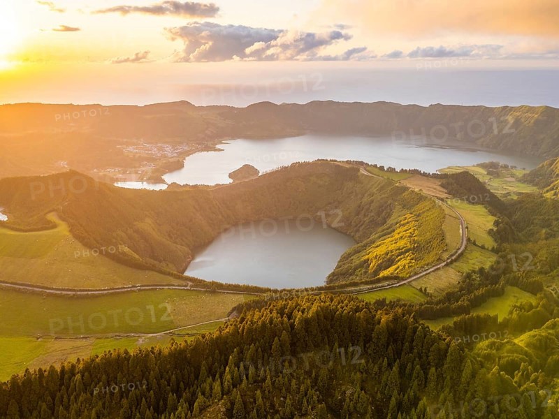 Sete Cidades Caldera at Sunset. Blue Lake and Santiago Lake. Forest and Hills. Azores, Sao Miguel Island. Portugal. Aerial View